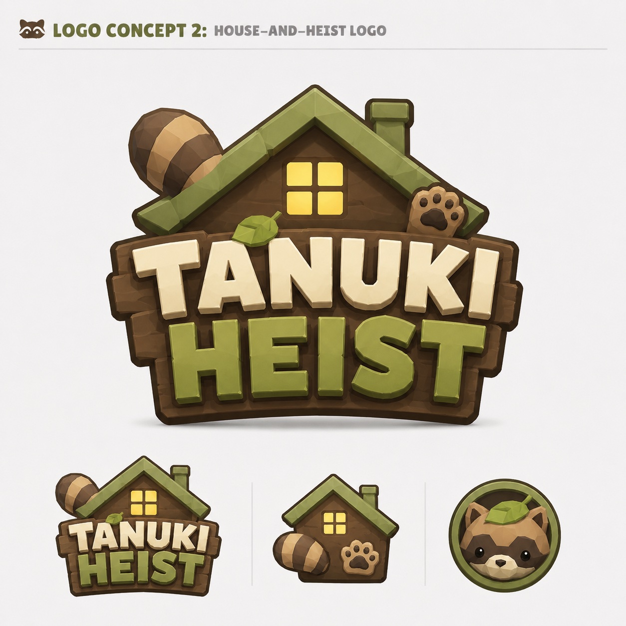 Tanuki Heist house-and-raccoon logo concepts