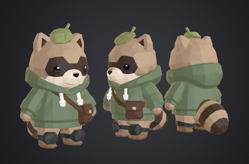 Three-angle prototype render of the tanuki thief